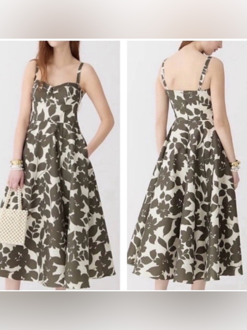 J. Crew Olive and Cream Floral Midi Fit-and-Flare Dress